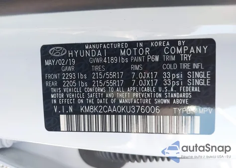 2019 Hyundai Kona Sel из США, поврежденный, VIN KM8K2CAA0KU376006